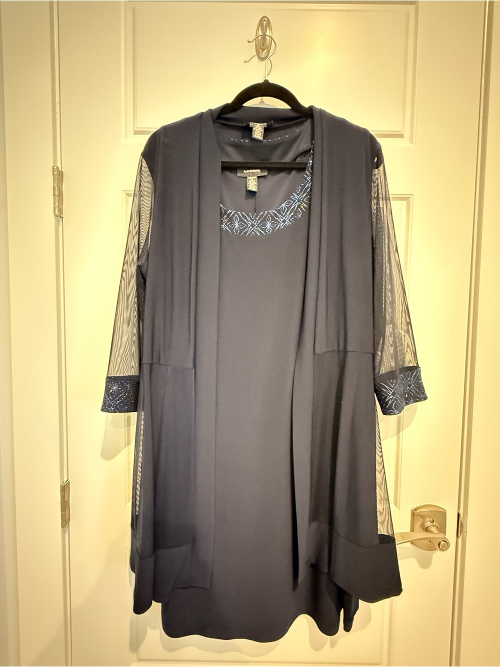R&M Richards Navy Embroidered Overlay Midi Dress